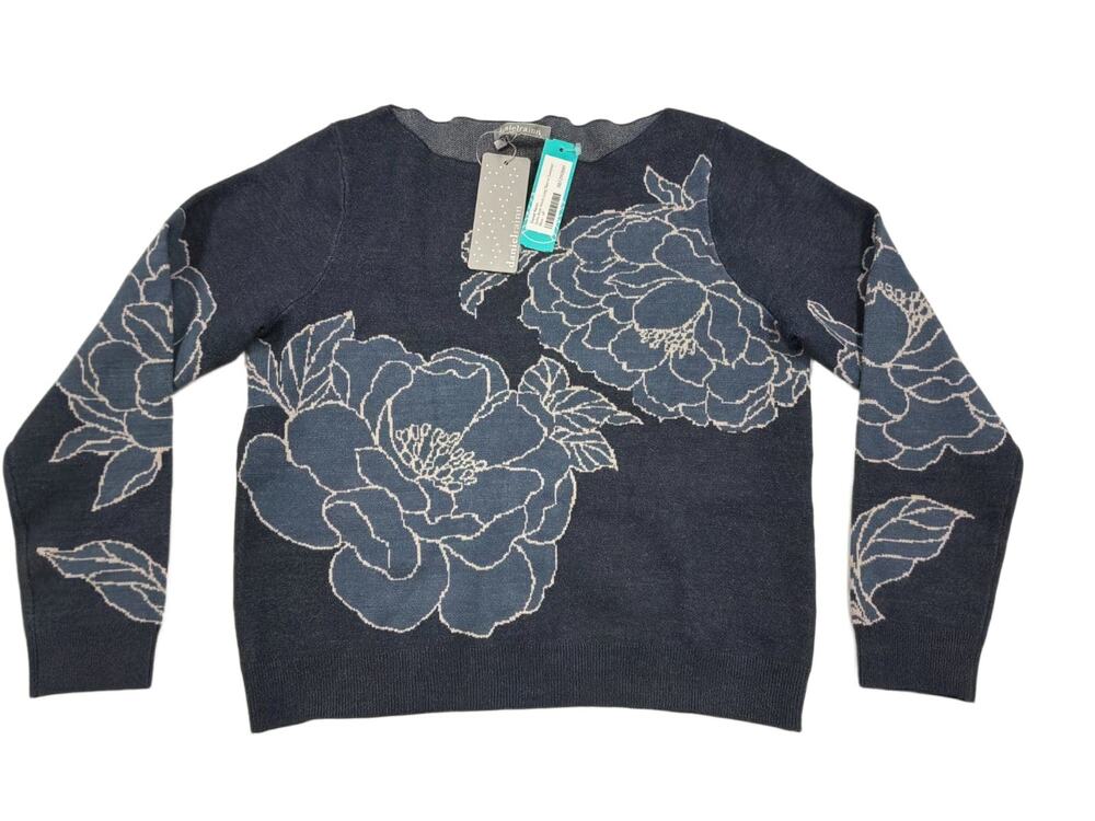 Daniel Rainn Sofia Boat Neck Sweater Womens LP Large Petite Blue Floral NWT